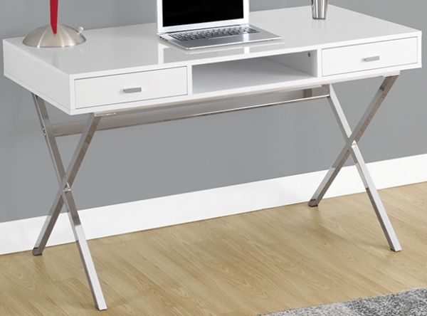 Monarch Specialties I 7211 Glossy White with Chrome Metal Computer Desk; Modern high gloss white finish, Sturdy yet stylish silver metal legs, 2 large storage drawers (inside dimensions: 12.5