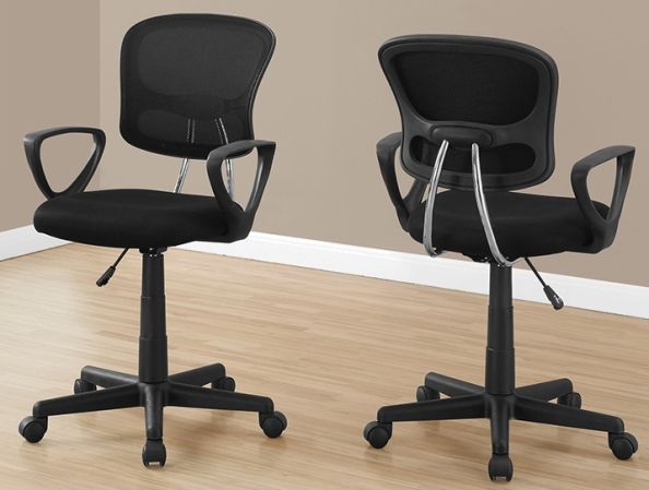 Monarch Specialties I 7260 Black Mesh Juvenile Multi Position Office Chair; Certified for commercial and home use (BIFMA standards); Weight Capacity: up to 300 lbs; Back and seat upholstered in durable and breathable commercial grade black mesh fabric with a thick cushioned seat; Ergonomic curved back rest and textured arm rests to provide a comfortable posture; Convenient lever for adjustable seat height and 5 nylon castors for smooth mobility; Weight 22 Lbs; UPC 878218009296 (I7260 I 7260)