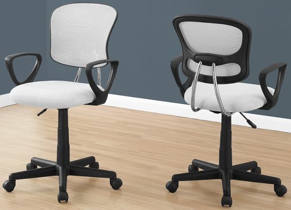 Monarch Specialties I 7261 White Mesh Juvenile Multi Position Office Chair; Certified for commercial and home use (BIFMA standards); Weight Capacity: up to 300 lbs; Back and seat upholstered in durable and breathable commercial grade white mesh fabric with a thick cushioned seat; Ergonomic curved back rest and textured arm rests to provide a comfortable posture; UPC 878218009302 (I7261 I 7261)  