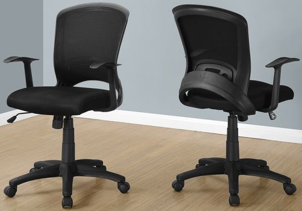 Monarch Specialties I 7265 Black Mesh Mid-Back Multi Position Office Chair; Certified for commercial use (BIFMA standards); Weight Capacity: up to 300 lbs; Back and seat upholstered in durable commercial grade black mesh fabric with a thick cushioned seat; Ergonomic curved back rest and groved arm rests to provide a comfortable posture; Convenient lever for adjustable seat height with lock-in/free tilt back mechanism; Seat height: 18