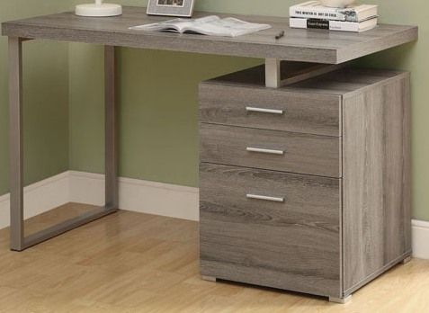 Monarch Specialties I 7326 Dark Taupe Left or Right Facing Computer Desk; Conveniently place set of drawers on the left or right side for multi-functionality; Sleek track metal leg; Thick panelled contemporary styling with a warm dark taupe reclaimed wood-look finish; 2 storage drawers (inside dims: 15