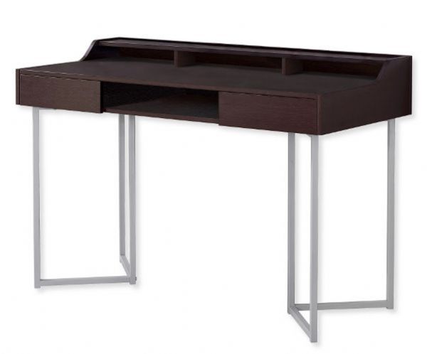 Monarch Specialties I 7362 Forty-Eight-Inch-Long Computer Desk With Cappuccino Top and Silver Metal Base; With 2 storage drawers with a push-in mechanism and one open concept middle shelf; 3 open cubbies with top shelf for easy access to office essentials; UPC 680796012649 (I 7362 I7362 I-7362)