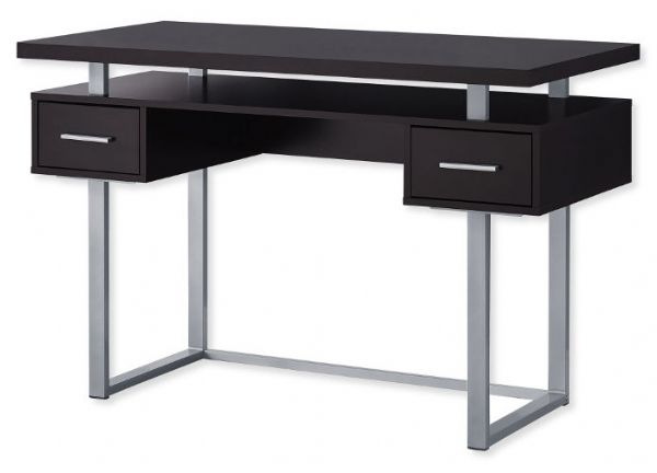 Monarch Specialties I 7382 Forty-Eight-Inch-Long Computer Desk With Cappuccino Top and Silver Metal Base; Features a Large elevated desk top for a computer, lamp, and other office accessories, 2 storage drawers on metal glides and open shelving under desktop for plenty of storage; UPC 680796012885 (I 7382 I7382 I-7382)
