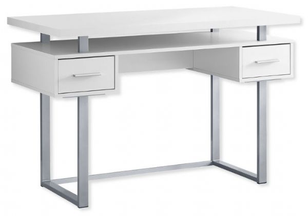Monarch Specialties I 7383 Forty-Eight-Inch-Long Computer Desk With White Top and Silver Metal Base; Features a Large elevated desk top for a computer, lamp, and other office accessories, 2 storage drawers on metal glides and open shelving under desktop for plenty of storage; UPC 680796012892 (I 7383 I7383 I-7383)