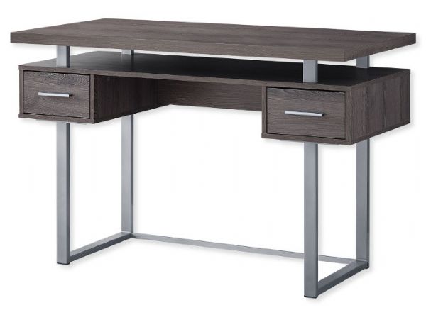 Monarch Specialties I 7384 Forty-Eight-Inch-Long Computer Desk With Dark Taupe Top and Silver Metal Base; Features a Large elevated desk top for a computer, lamp, and other office accessories, 2 storage drawers on metal glides and open shelving under desktop for plenty of storage; UPC 680796012908 (I 7384 I7384 I-7384)