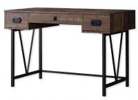 Monarch Specialties I 7412 Forty-Eight-Inch-Long Computer Desk in Brown Reclaimed Wood Top With a Black Metal Base; Modern industrial style in a compact size suitable in any space; Finished in a warm brown reclaimed wood-look with attractive black metal legs; 2 side drawers on metal glides accented with trendy black metal pulls; 1 wide middle drawer on metal glides with a black leather pull; UPC 680796012991 (I 7412 I7412 I-7412) 