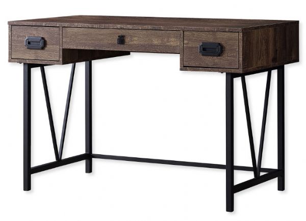 Monarch Specialties I 7412 Forty-Eight-Inch-Long Computer Desk in Brown Reclaimed Wood Top With a Black Metal Base; Modern industrial style in a compact size suitable in any space; Finished in a warm brown reclaimed wood-look with attractive black metal legs; 2 side drawers on metal glides accented with trendy black metal pulls; 1 wide middle drawer on metal glides with a black leather pull; UPC 680796012991 (I 7412 I7412 I-7412)