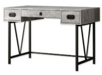Monarch Specialties I 7413 Forty-Eight-Inch-Long Computer Desk in Gray Reclaimed Wood Top With a Black Metal Base; Modern industrial style in a compact size suitable in any space; Finished in a warm gray reclaimed wood-look with attractive black metal legs; 2 side drawers on metal glides accented with trendy black metal pulls; 1 wide middle drawer on metal glides with a black leather pull; UPC 680796013004 (I 7413 I7413 I-7413) 