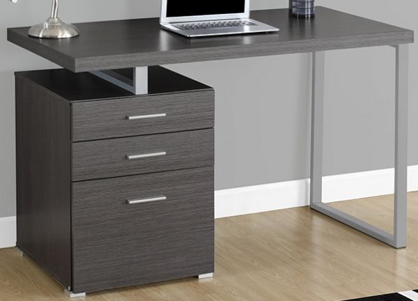 Monarch Specialties I 7426 Grey Left or Right Facing Computer Desk; Can conveniently be placed on the left or right side offering you multi-functionality; Sleek track metal leg; Thick panelled contemporary styling; 2 storage drawers ( inside dims: 15