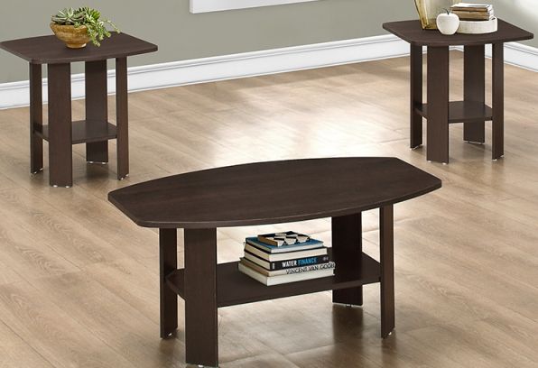 Monarch Specialties I 7924P Three Pieces Cappuccino Table Set; 3 pieces set includes 1 coffee table and 2 end tables; Modern angles paired with minimalist design in a sophisticated cappuccino finish; Open lower storage shelves ideal for magazines, books, or accent pieces; Coffee Table: 36