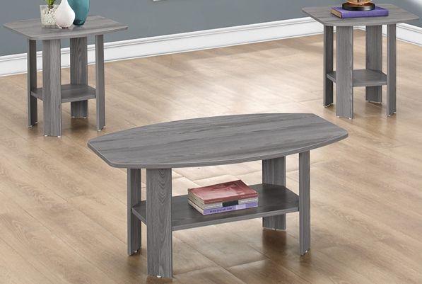 Monarch Specialties I 7925P Three Pieces Grey Table Set; 3 pcs set includes 1 coffee table and 2 end tables; Modern angles paired with minimalist design in a sophisticated cappuccino finish; Open lower storage shelves ideal for magazines, books, or accent pieces; Coffee Table: 36