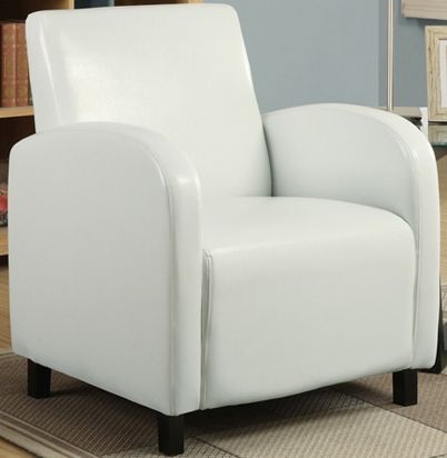 Monarch Specialties I 8049 White Leather Look Fabric Accent Chair; Smooth curves and a bold design; Upholstered arm chair; Square seat and high seat back; Seat height: 17