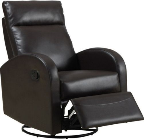 Monarch Specialties I 8080BR Dark Brown Leather Swivel Rocker Recliner, Dark Brown Bonded leather upholstery Finish, Swivel,rocker,recliner, Comfortably padded, Padded head rest, 19.5