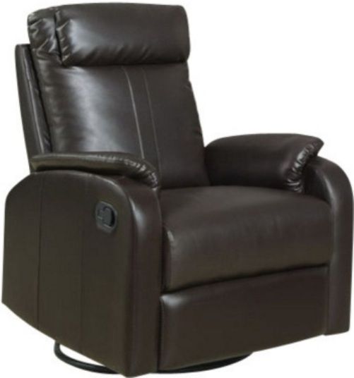 Monarch Specialties I 8081BR Dark Brown Bonded Leather Swivel Rocker Recliner, Swivel,rocker,recliner, Comfortably padded, Padded head and arm rest, Retractable footrest system, 19.5