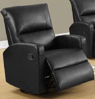 Monarch Specialties I 8084BK Swivel Glider Black Bonded Leather Recliner Chair; Contemporary black finish upholstered in a supple bonded leather; Generously padded arms and head rest with pocket coil seating; Sits at approx 70 degrees, reclines to 50 degrees, fully reclines back to approx 30 degrees; Retractable footrest system offers leg support when open; Weight 94 Lbs; UPC 878218008596 (I8084BK I 8084BK) 