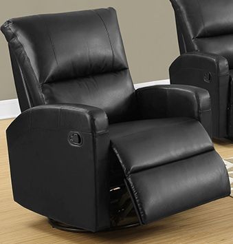 Monarch Specialties I 8084BK Swivel Glider Black Bonded Leather Recliner Chair; Contemporary black finish upholstered in a supple bonded leather; Generously padded arms and head rest with pocket coil seating; Sits at approx 70 degrees, reclines to 50 degrees, fully reclines back to approx 30 degrees; Retractable footrest system offers leg support when open; Weight 94 Lbs; UPC 878218008596 (I8084BK I 8084BK)