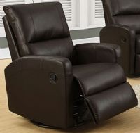 Monarch Specialties I 8084BR Swivel Glider Dark Brown Bonded Leather Recliner Chair; Contemporary dark brown finish upholstered in a supple bonded leather; Generously padded arms and head rest with pocket coil seating; Sits at approx 70 degrees, reclines to 50 degrees, fully reclines back to approx 30 degrees; Retractable footrest system offers leg support when open; Bonded Leather, Polyurethane, Pocket Coil, Foam, Metal, Plywood, Wood; Weight 94 Lbs; UPC 878218008602 (I8084BR I 8084BR) 