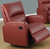 Monarch Specialties I 8084RD Swivel Glider Red Bonded Leather Recliner Chair; Contemporary red finish upholstered in a supple bonded leather; Generously padded arms and head rest with pocket coil seating; Sits at approx 70 degrees, reclines to 50 degrees, fully reclines back to approx 30 degrees; Retractable footrest system offers leg support when open (9.5"H-16.5"H in full recline); Weight 94 Lb UPC 878218008626 (I8084RD I 8084RD) 