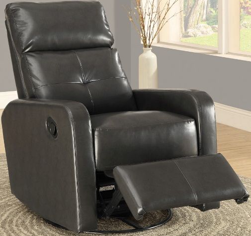 Monarch Specialties I 8085GY Charcoal Grey Bonded Leather Swivel Glider Recliner, Swivel, glide and recline functions, Padded head rest, Retractable footrest system, Padded head and arm rest, 19.75