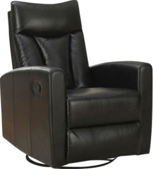 Monarch Specialties I 8087BK Black Bonded Leather Swivel Glider Recliner, Crafted from Polyurethane & Plywood, Foam, Padded back and seat cushion, Chrome metal swivel base, Retractable footrest system, Padded head and arm rest, 20