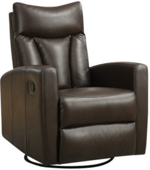 Monarch Specialties I 8087BR Dark Brown Bonded Leather Swivel Glider Recliner, Crafted from Polyurethane & Plywood, Foam, Padded back and seat cushion, Chrome metal swivel base, Retractable footrest system, Padded head and arm rest, 20