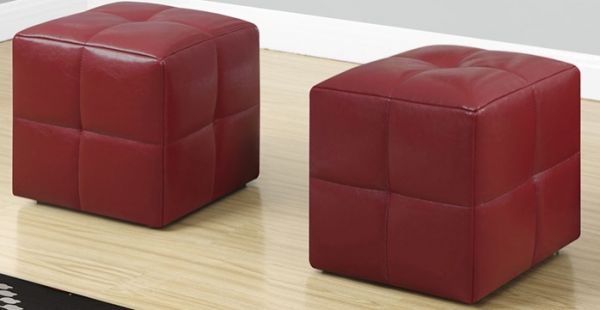 Monarch Specialties I 8164 Two Pieces Set Juvenille Red Leather Look Ottoman; Set of 2pcs; Upholstered in an easy care and durable leather-look material; Comfortably padded for sitting; 4 solid plastic feet for added stablility; Each cube measures 12