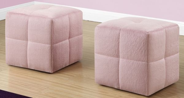 Monarch Specialties I 8165 Two Pieces Set Juvenille Fuzzi Pink Fabric Ottoman; Set of 2pcs; Upholstered in a soft fuzzy pink fabric; Comfortably padded for sitting; 4 solid plastic feet for added stablility; Each cube measures 12