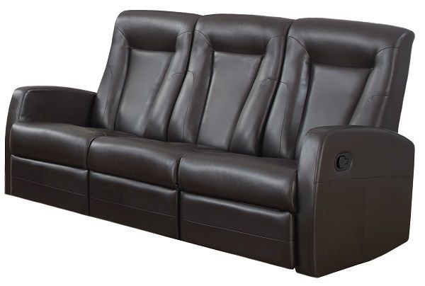 Monarch Specialties I 82BR-3 Brown Bonded Leather Reclining Sofa; Left and right facing seats recline for added relaxation; Upholstered in Bonded Leather; Modular compact size easy to move and arrange; Comfortably seats up to 3 people (64