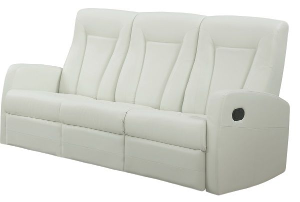 Monarch Specialties I 82IV-3 Ivory Bonded Leather Reclining Sofa; Left and right facing seats recline for added relaxation; Upholstered in Bonded Leather; Modular compact size easy to move and arrange; Comfortably seats up to 3 people (64