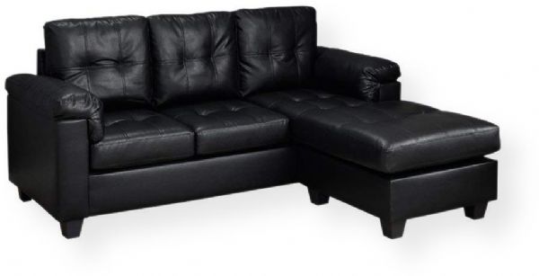Monarch Specialties I 8390BK Black Bonded Leather Sofa Lounger; Includes a chaise seat as part of a 3-seater sofa; Upholstered in supple yet durable bonded leather and polyurethane materials; Thick pocket coiled cushioned seats (6