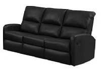 Monarch Specialties I 84BK-3 Black Bonded Leather Reclining Sofa; Left and right facing seats recline for added relaxation; Upholstered in Bonded Leather; Modular compact size easy to move and arrange; Comfortably seats up to 3 people; Comes in 3 separate pieces; Made in Bonded Leather, Foam, Wood; Seat dimensions 22.5"Lx22"Dx26"H (back cushion); Weight 156 lbs UPC 878218008640 (I84BK3 I 84BK-3) 