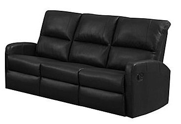 Monarch Specialties I 84BK-3 Black Bonded Leather Reclining Sofa; Left and right facing seats recline for added relaxation; Upholstered in Bonded Leather; Modular compact size easy to move and arrange; Comfortably seats up to 3 people; Comes in 3 separate pieces; Made in Bonded Leather, Foam, Wood; Seat dimensions 22.5