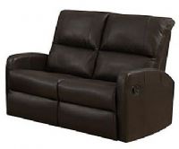 Monarch Specialties I 84BR-2 Black Bonded Leather Reclining Love Seat; Both seats recline for added relaxation; Upholstered in Bonded Leather; Modular compact size easy to move and arrange; Comfortably seats up to 2 people; Comes in 2 separate pieces; Made in Bonded Leather, Foam, Wood; Weight 120 lbs UPC 878218008688 (I84BR2 I 84BR-2) 