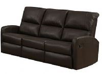 Monarch Specialties I 84BR-3 Black Bonded Leather Reclining Sofa; Left and right facing seats recline for added relaxation; Upholstered in Bonded Leather; Modular compact size easy to move and arrange; Comfortably seats up to 3 people; Comes in 3 separate pieces; Bonded Leather, Foam, Wood; 22.5"Lx22"Dx26"H (back cushion); Seat height 19"; Weight 156 lbs UPC 878218008671 (I84BR3 I 84BR-3) 