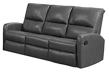 Monarch Specialties I 84GY-3 Charcoal Grey Bonded Leather Reclining Sofa; Left and right facing seats recline for added relaxation; Upholstered in Bonded Leather; Comfortably seats up to 3 people; Comes in 3 separate pieces; Bonded Leather, Foam, Wood; 22.5