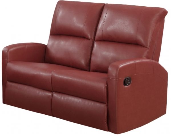 Monarch Specialties I 84RD-2 Red Bonded Leather Reclining Love Seat; Both seats recline for added relaxation; Upholstered in Bonded Leather; Modular compact size easy to move and arrange; Comfortably seats up to 2 people; Comes in 2 separate pieces; Bonded Leather, Foam, Wood; 22.5