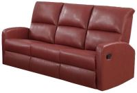 Monarch Specialties I 84RD-3 Red Bonded Leather Reclining Sofa; Left and right facing seats recline for added relaxation; Upholstered in Bonded Leather; Modular compact size easy to move and arrange; Comfortably seats up to 3 people; Comes in 3 separate pieces; Bonded Leather, Foam, Wood; 22.5"Lx22"Dx26"H (back cushion); Weight 156 lbs UPC 878218008732 (I84RD3 I 84RD-3) 