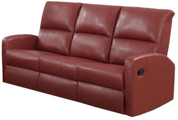 Monarch Specialties I 84RD-3 Red Bonded Leather Reclining Sofa; Left and right facing seats recline for added relaxation; Upholstered in Bonded Leather; Modular compact size easy to move and arrange; Comfortably seats up to 3 people; Comes in 3 separate pieces; Bonded Leather, Foam, Wood; 22.5