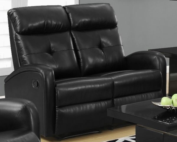 Monarch Specialties I 88BK-2 Black Bonded Leather Reclining Love Seat; Both seats recline for added relaxation; Upholstered in Bonded Leather; Modular compact size easy to move and arrange; Comfortably seats up to 2 people; Comes in 2 separate pieces; Bonded Leather, Foam, Wood; 22.5