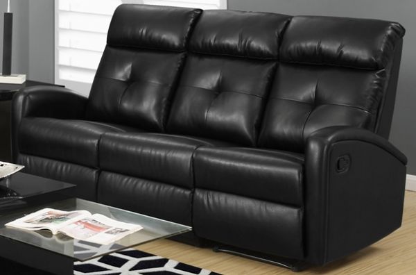 Monarch Specialties I 88BK-3 Black Bonded Leather Reclining Sofa; Left and right facing seats recline for added relaxation; Upholstered in Bonded Leather; Modular compact size easy to move and arrange; Comfortably seats up to 3 people; Comes in 3 separate pieces; Bonded Leather, Foam, Wood; 22.5