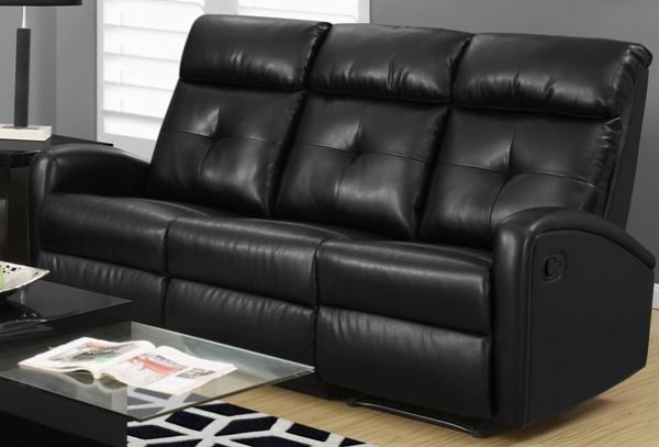 Monarch Specialties I 88BR-3 Dark Brown Bonded Leather Reclining Sofa; Left and right facing seats recline for added relaxation; Upholstered in Bonded Leather; Modular compact size easy to move and arrange; Comfortably seats up to 3 people; Comes in 3 separate pieces; Bonded Leather, Foam, Wood; 22.5