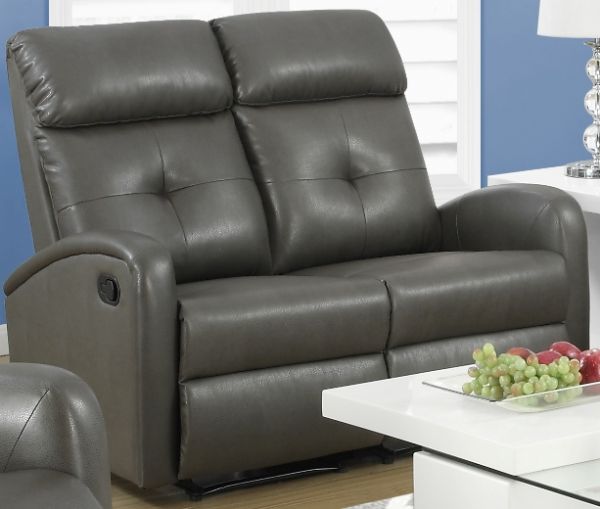 Monarch Specialties I 88GY-2 Charcoal Grey Bonded Leather Reclining Love Seat; Both seats recline for added relaxation; Upholstered in Bonded Leather; Modular compact size easy to move and arrange; Comfortably seats up to 2 people; Comes in 2 separate pieces; Bonded Leather, Foam, Wood; 22.5
