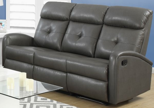 Monarch Specialties I 88GY-3 Charcoal Grey Bonded Leather Reclining Sofa; Left and right facing seats recline for added relaxation; Upholstered in Bonded Leather; Modular compact size easy to move and arrange; Comfortably seats up to 3 people; Comes in 3 separate pieces; Bonded Leather, Foam, Wood; 22.5