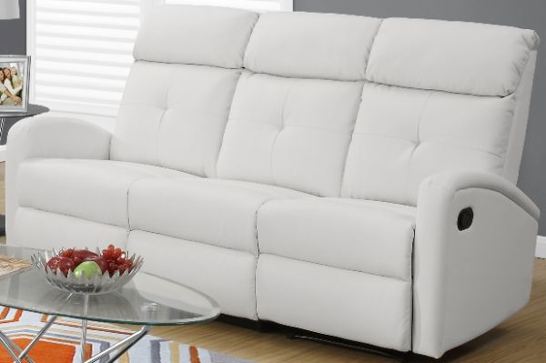 Monarch Specialties I 88WH-3 White Bonded Leather Reclining Sofa; Left and right facing seats recline for added relaxation; Upholstered in Bonded Leather; Modular compact size easy to move and arrange; Comfortably seats up to 3 people; Comes in 3 separate pieces; Bonded Leather, Foam, Wood; 22.5