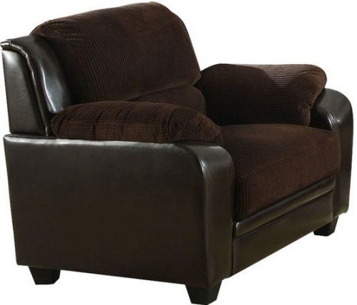 Monarch Specialties I 8901BR Chocolate Corduroy / Brown Leather-Look Chair, Boxed seat cushions, Pillow-top arms, Plush channel-tufted back pillows, Tapered legs, 41