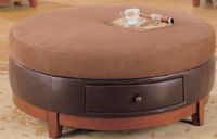 Monarch Specialties I 8917 Brown Micro Fibre Leather Look Coffee Table; Thick padded 42" diameter top enveloped in a soft microfiber material; Accented with a faux leather trim which includes a convenient built-in storage drawer; Solid wooden base for added stability; Perfect as extra seating, serving table, a place to put up your feet to relax; Works great in a den, basement, livingroom, or family room; Microfiber, Faux leather, Wood; Weight 75 lbs UPC 021032170226 (I8917 I 8917) 