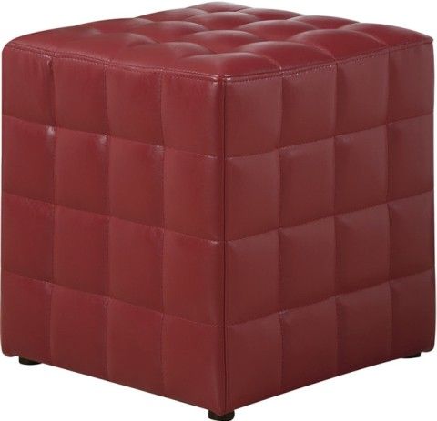 Monarch Specialties I 8979 Leather Look Ottoman in Red, Square Shape, 250 Lbs Weight Capacity, Tufted cushioning for comfort, Leather look upholstery, 17.8