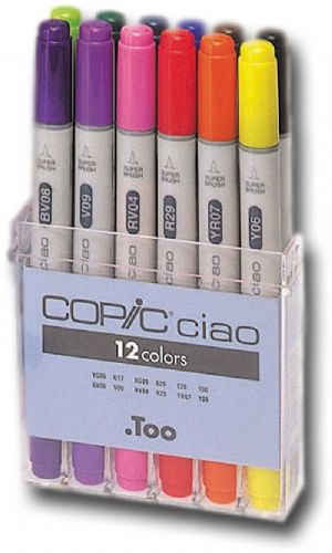 Copic IB12 Ciao, Set Basic Marker; Perfect for beginners, Ciao has the exact same features as the Sketch marker but in a smaller size and without the airbrush capability; Photocopy safe and guaranteed color consistency; Great for scrap-booking, crafts, fine writing, stamping, and comics; Markers are refillable and have a variety of nib options; UPC 778295359423 (COPICIB12 COPIC IB12 IB 12 COPIC-IB12 IB-12)