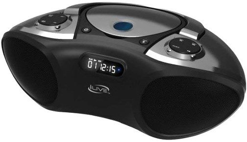 iLive IBC233B Bluetooth CD Radio Portable Boombox, Supports Bluetooth 2.0, CD player (CD, CD-R/RW), FM Radio (PLL), Top-load disc player, 3.5mm audio input, Digital volume control, Programmable tracks, Built-in stereo speakers, LCD display with white backlight, Requires 6 C batteries (not included), Battery life ~6 hours audio, Built-in AC power cable, UPC 047323233005 (IBC-233B IBC 233B IBC233)