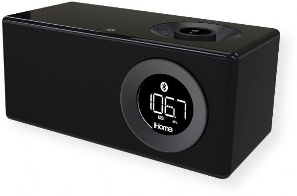 iHome IBN10BC Black Bluetooth Speaker System With FM Radio; Listen to streaming Bluetooth audio, FM radio or aux in; Works with Bluetooth wireless audio NFC (near field communication) technology for instant Bluetooth set up; Four tuned stereo speakers; Alarm-clock; Built-in-microphone; USB port for charging iOS and other mobile devices; Dimensions 9